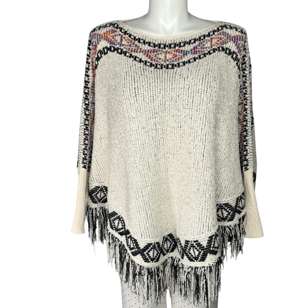 Tribal Design Chenille Poncho Sweater Fitted Cuff - Picture 3 of 11